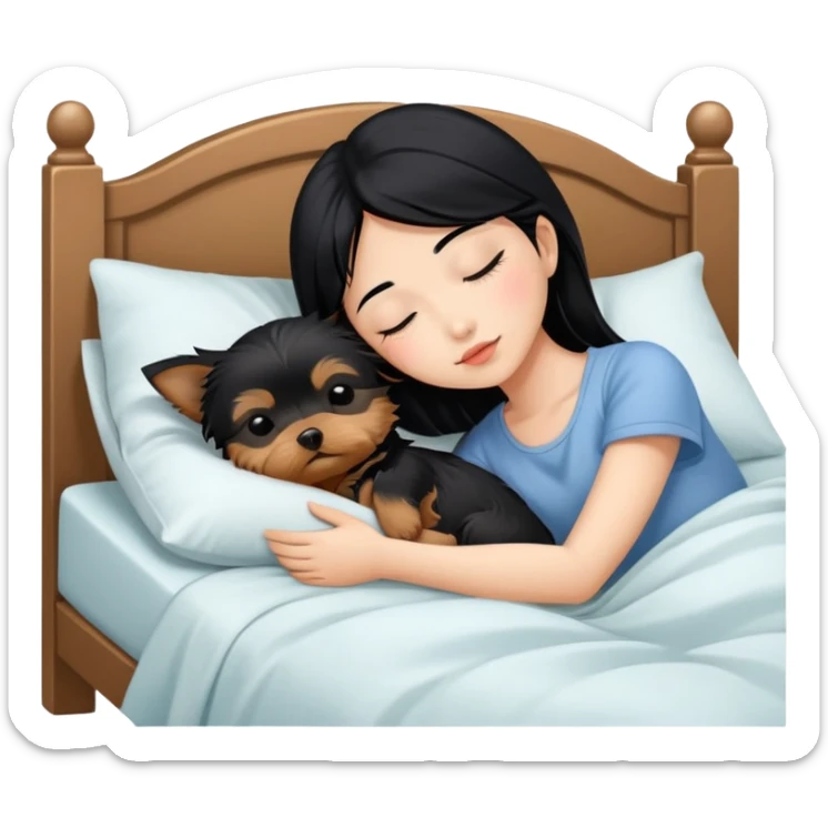 pretty asian girl with black hair sleeping in bed with small yorkshire terrier sticker