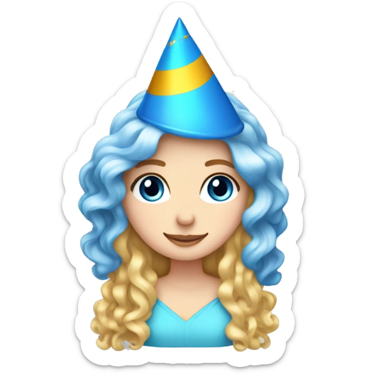 White Girl with blue eyes long spiral curly blonde hair wearing a party hat   sticker