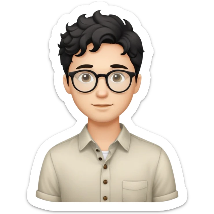 Upper body only of young caucasian man with black wavy hair, round glasses, wearing comfortable buttoned shirt sticker