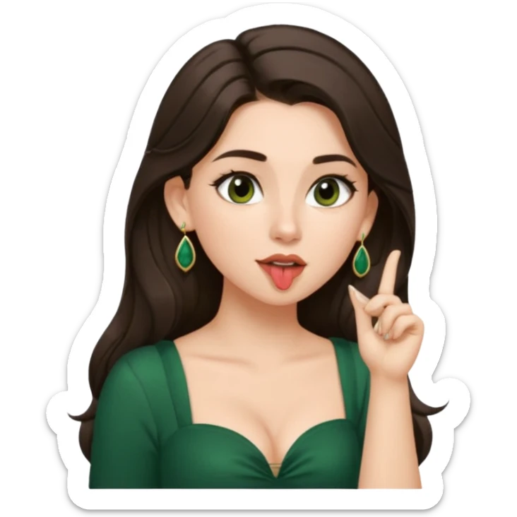pretty bratz genmoji that looks like tamannah bhatia (bollywood actress), wearing a dark green sweetheart neckline top, dark brown hair, light makeup, no necklace, dangly earrings, SIDE hair part, fair. dark brown eyes, long hair

Show her licking her finger  sticker