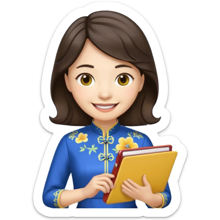 Teacher emoji but : wavy (not straight) dark brown hair, light skin, no glasses, dark eyes, with a computer folder in the hand (color is yellow), being a teacher, wearing a chinese qipao ( dark blue), smile with teeth




 sticker