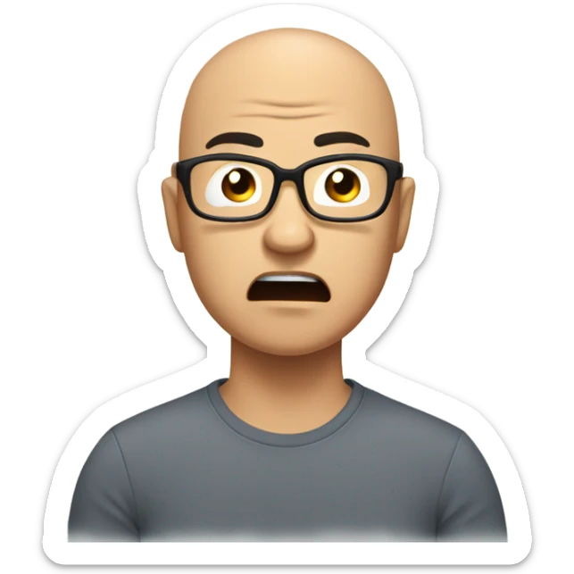  a 35-year old, male, bald Asian man, wearing glasses, inquisitive, angry, scratching the back of his head in confusion,  sticker
