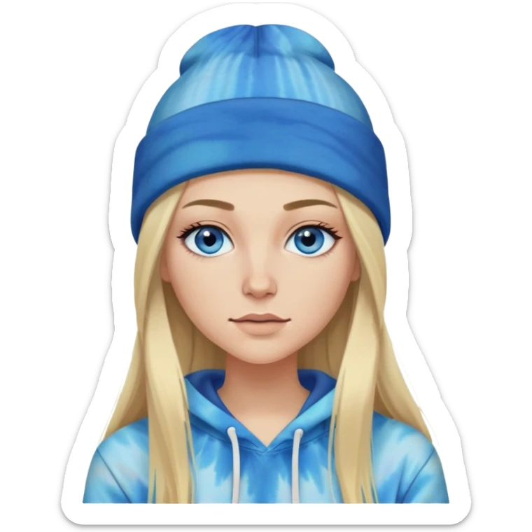 White woman with long blonde straight hair and blue eyes with long eyelashes and tiedye hoodieand a blaclk beanie sticker