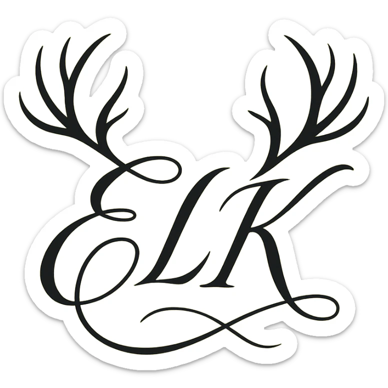 ELK written in elegant script, with elk antlers growing from the tops of the letters, sophisticated and stylish. sticker