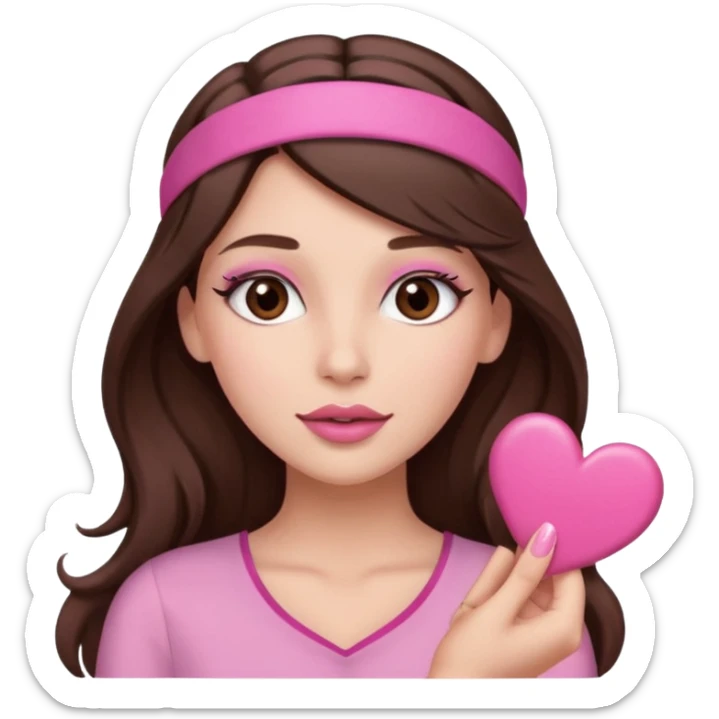 Pink and clothes emoji, inspired with brunette hair, brown eyes, long hair, heart shape lips and pink make up  and pink nails, mauve pink blush and a chocolate brown bandw sticker