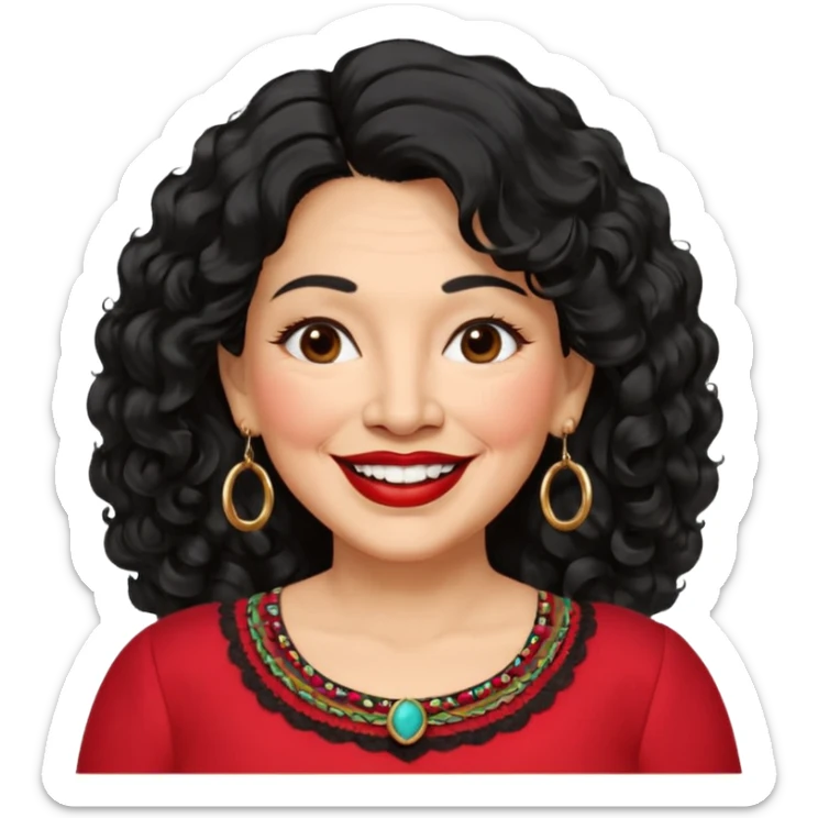60 yr old Mexican woman, slightly chubby, wavy/curly long black hair, red lipstick, big smile, white teeth, brown eyes, hoop earings, side part to hair, round face, nice blouse, no wrinkle hair side swept, big hoop earing sticker