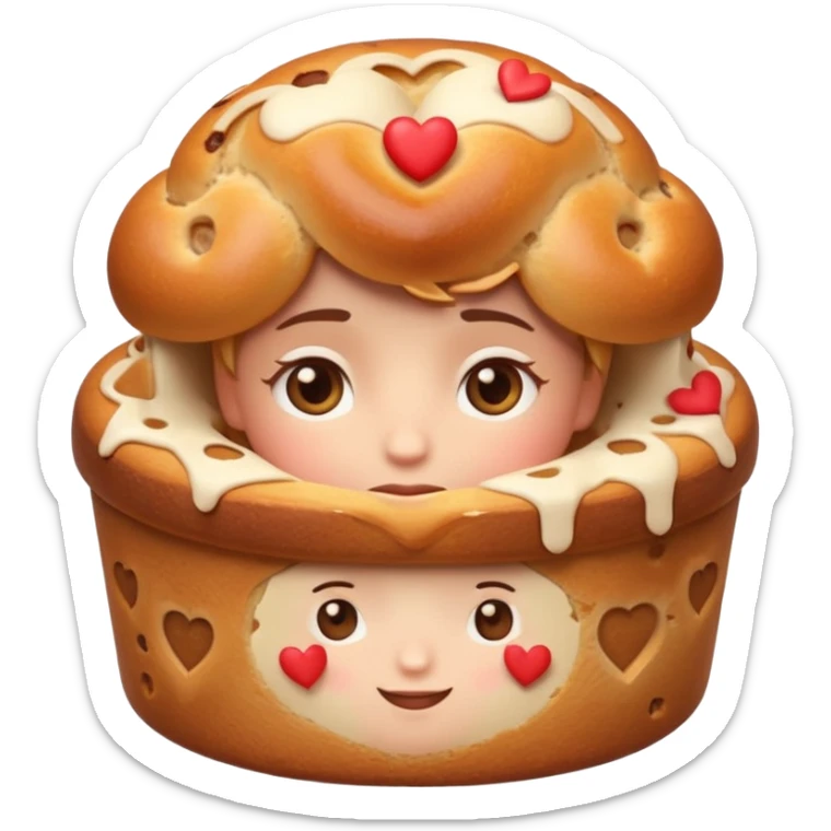 Apple-style emoji illustration of a cuteperson  with dreamy eyes thinking of a traditional panettone, small hearts floating around, soft 3D emoji style, smooth gradients, rounded shapes, warm festive colors, simple expression, centered composition, transparent background, no text. sticker