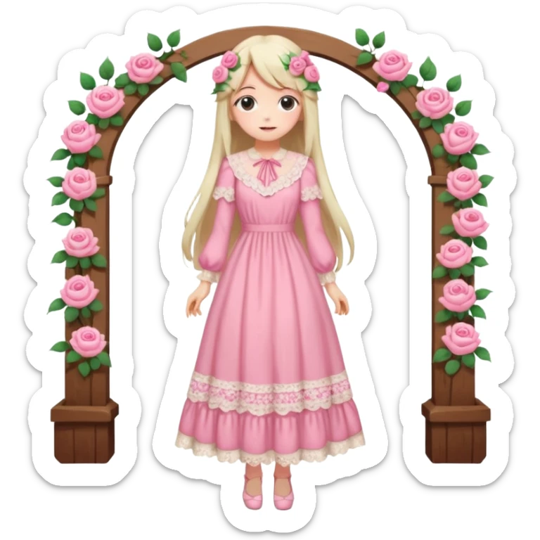 pastel anime woman with pink and white lace cottage dress full body and long hair with roses sticker