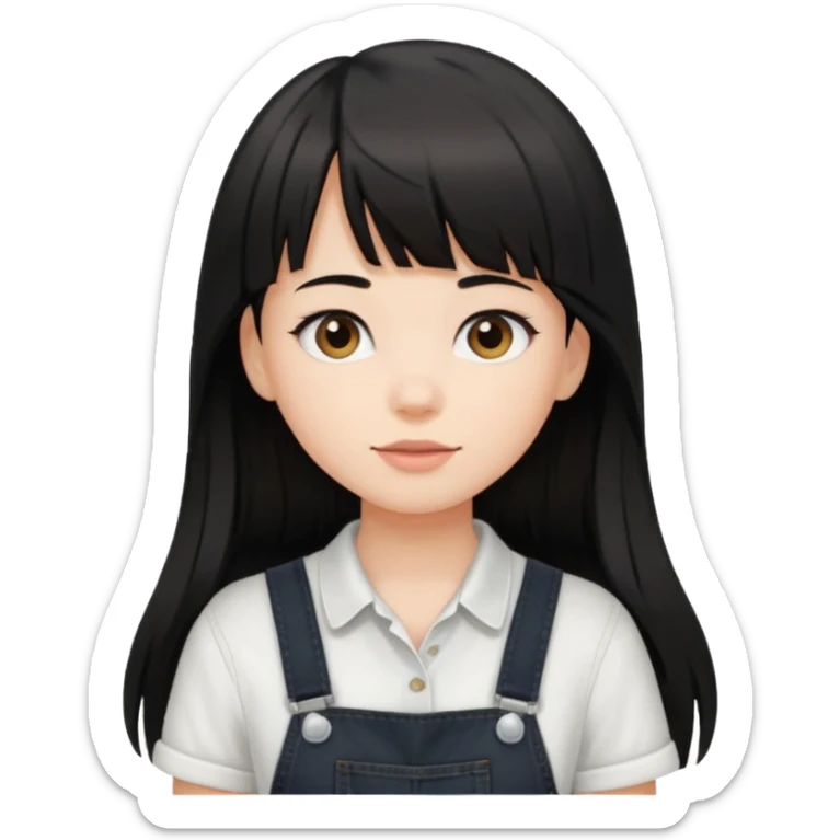 Make it a girl wil long hair like this and look like this  she has brown ish black hair and if has bangs with black overalls and a white shirt sticker