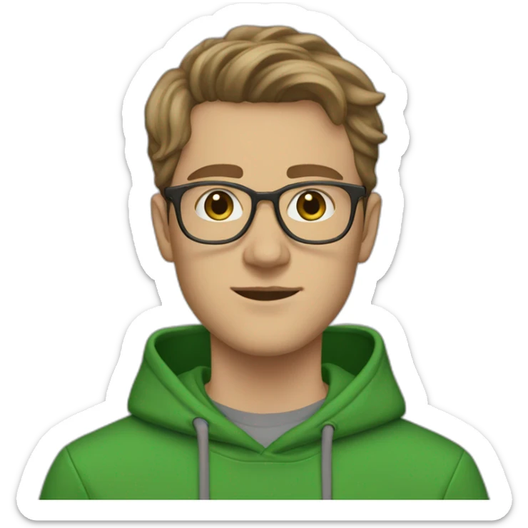 21 year old, white man, swooped brown hair, clear glasses, wide head, green hoodie sticker