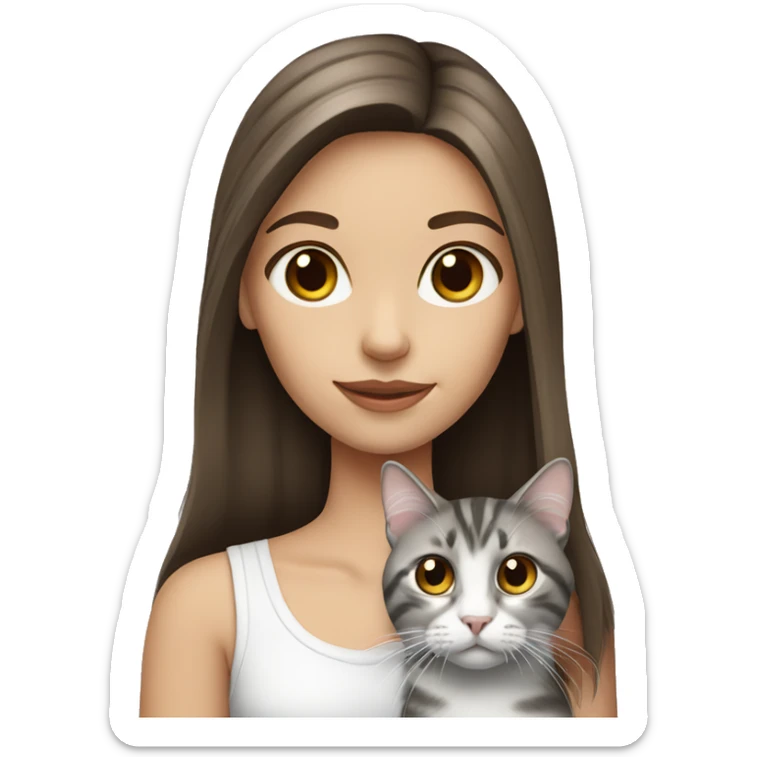 long hair brunette girl with brown eyes holding grey and white tabby cat sticker