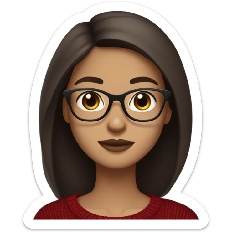 light skin, long straight dark brown hair, blue eyes, girl wearing aesthetic dark red sweater, glasses sticker