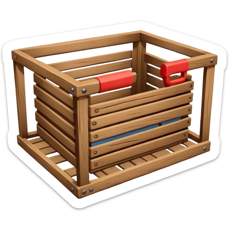 wooden box emoji, open crate with slatted wood sides, realistic wood grain sticker