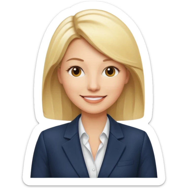 blonde businesswoman in her thirties, wearing a blazer, CEO sticker