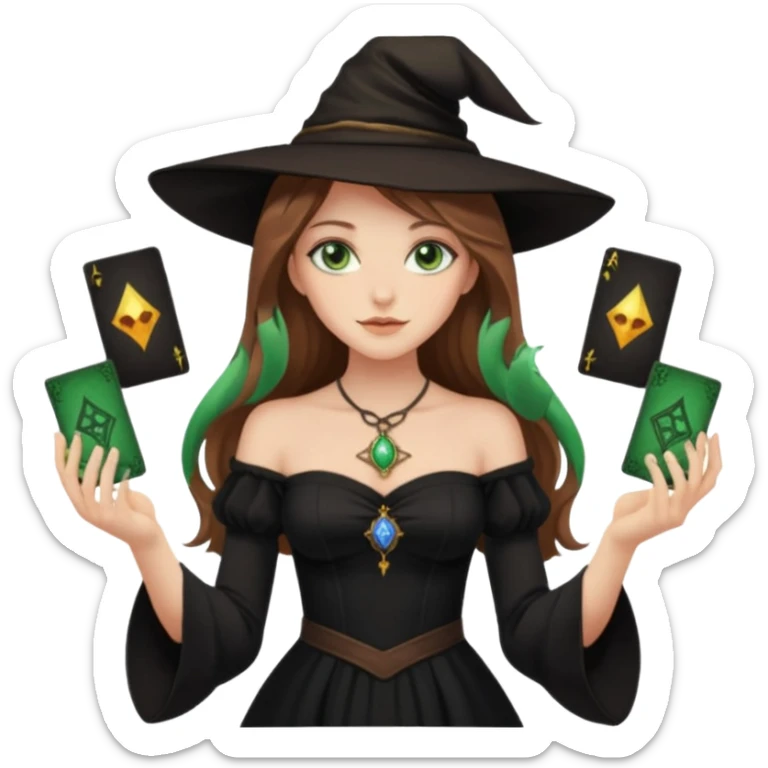  witch girl with long light brown hair and green eyes and Tarot cards without hat and in sexy dress  sticker
