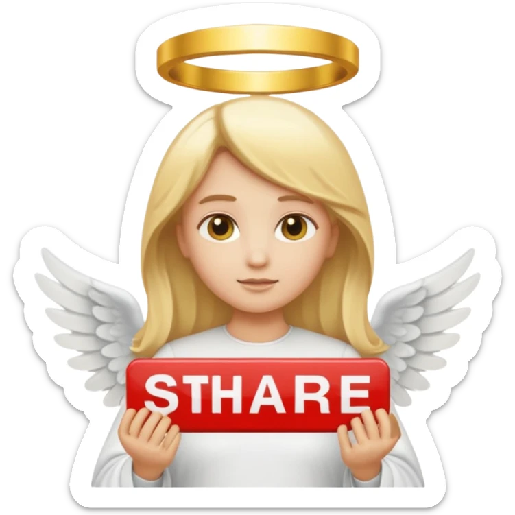 "Um emoji de anjo com cabelos loiros, um halo, asas, segurando um sinal de 'compartilhar' em letras em negrito." sticker