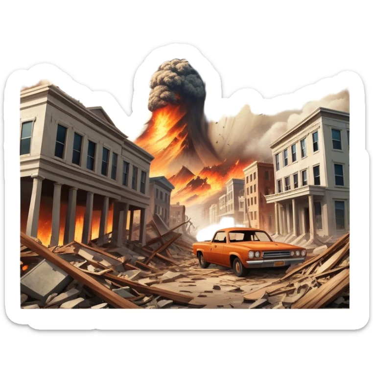 A vintage movie poster-style design with a dramatic scene of a natural disaster like an earthquake, tornado, or tsunami. Include crumbling buildings, flying debris, and fiery explosions. The background should be chaotic, with a cinematic, apocalyptic vibe. Transparent background. sticker