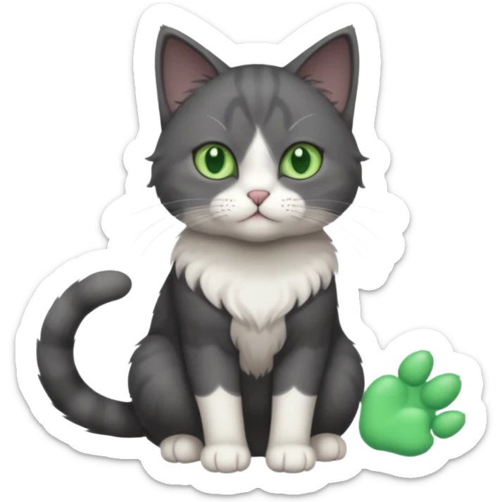full body view of beautiful female solid dark grey cat with green eyes, white toes/paws and white patch on her chest sticker