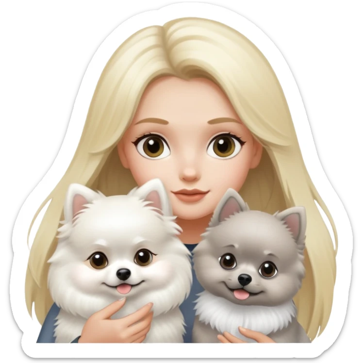 blond hair girl holding a white pomeranian and grey pomeranian  sticker
