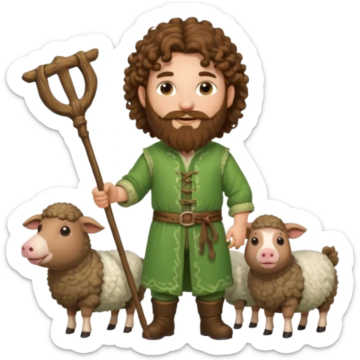 happy young shepard with long curly brown beard and long curly brown hair, in green magical outfit, with wooden shepard stick in hands, taking care of sheep and pigs sticker