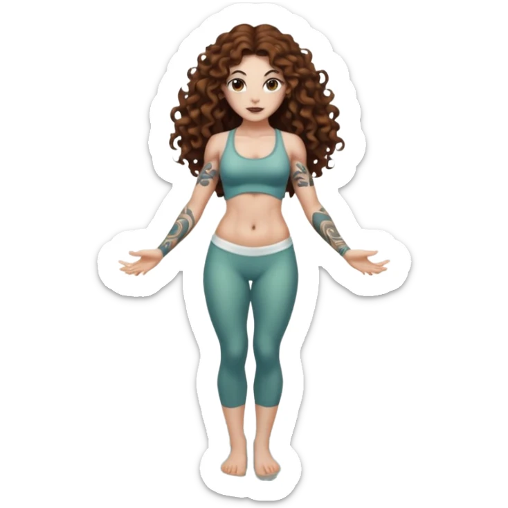 full body woman long curly brown hair brown eyes white skin tattoos muscular build lily pond spirit stance sticker