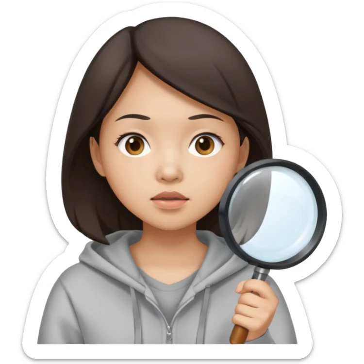 A brunette asian woman wearing hoodie holding a large magnifying glass and squinting at something to intently sticker