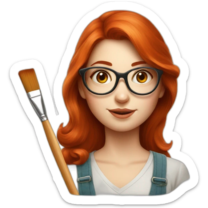 Redhead Artist painter girl with big round glasses, a brush sticker