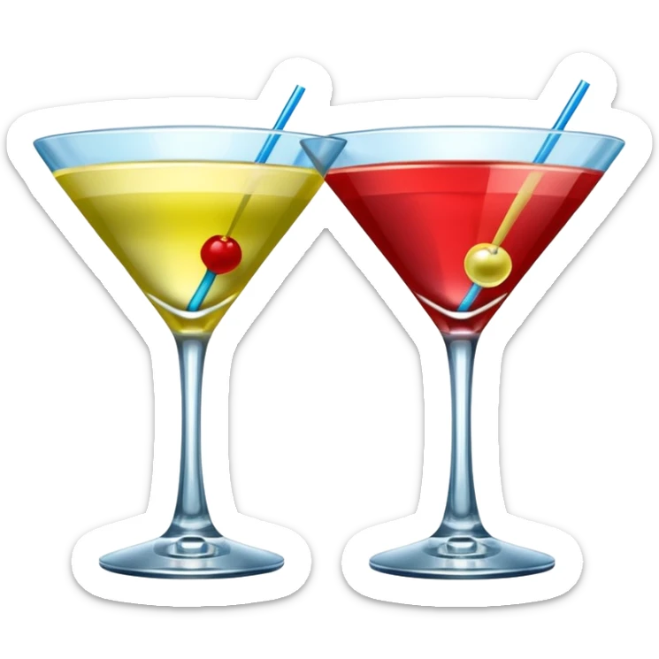 Create an two emoji of red and yellow martini cocktail, cheers with blue and green cocktail, no tube just cocktail in glass sticker