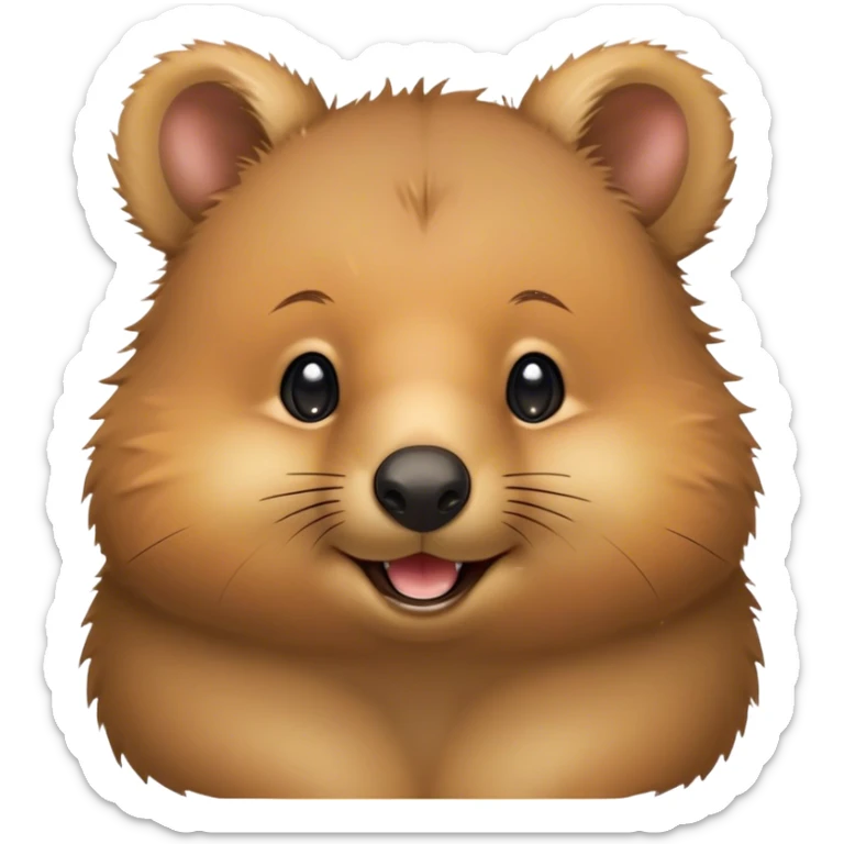 Cinematic Cute Quokka Portrait Emoji, Head tilted playfully and inquisitively, featuring a fluffy, round face with a naturally cheerful grin and bright, sparkling eyes full of playful curiosity, Simplified yet irresistibly adorable features, highly detailed, glowing with a warm, friendly glow, high shine, affectionate and spirited, stylized with a touch of Aussie whimsy, bright and endearing, soft glowing outline, capturing the essence of a mischievous yet loving quokka, so playful it feels like it could scamper out of the screen and into your arms! sticker