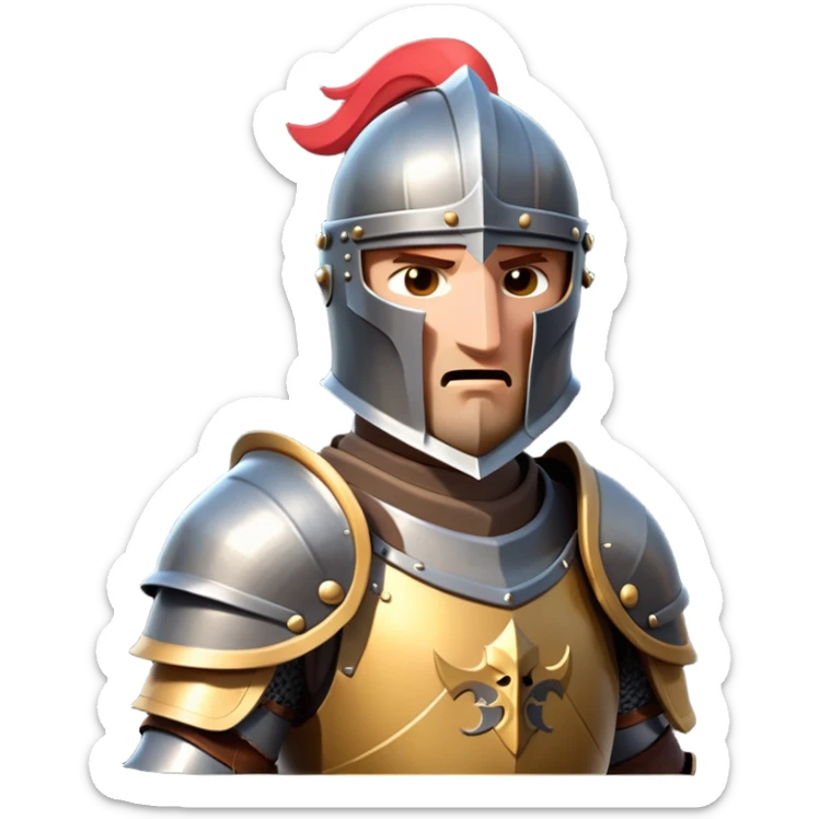 clash-of-clans-aesthetic_-cinematic-fearsome-and-majestic-knight-bust-portrait-emoji, rendered in a flat, vector-style with minimal shading and bold, simplified shapes typical of emoji art, depicting a battle-ready medieval knight standing, mounted on a heavily armored warhorse with plated barding gleaming in the sunlight. sticker