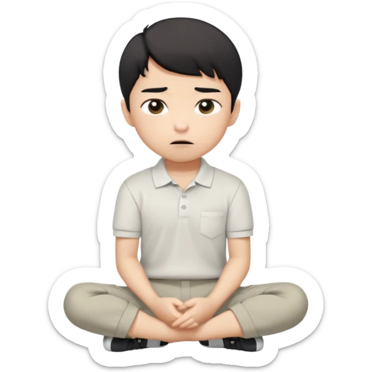 A cartoon young Asian boy with short black hair, light beige skin, and large expressive eyes, wearing a white polo shirt, gray pants, and black shoes. He sits cross-legged on the ground, one fist resting on his cheek, with a closed-mouth smirk. Clean lines, flat colors, solid black background. sticker