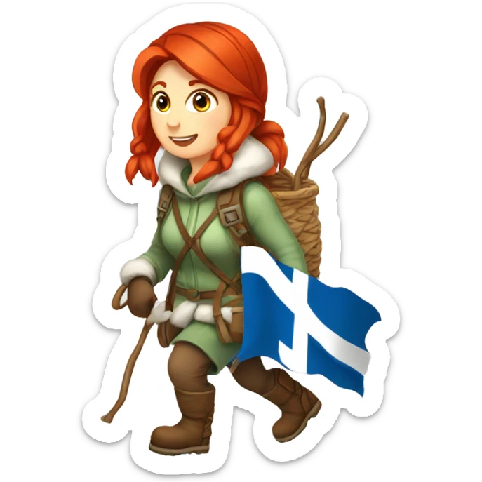 red hair female winter mountaineer climbing with Easter eggsbasket and Greek flag sticker