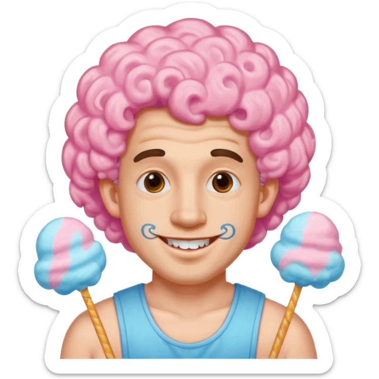 very cheerful colorful puffy curly haired man made out of cotton candy with braces and tattoos and just face  sticker