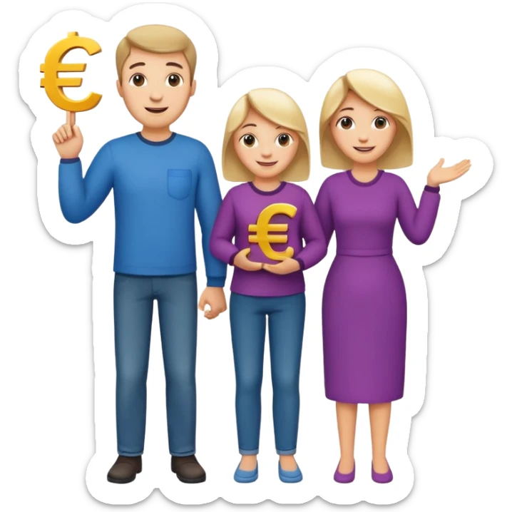 family of three (mom, dad, one child) standing together with euro symbol sticker