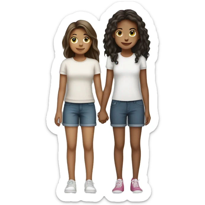 Two girls holding hands one short one tall, tall girl has long hair short girl has short hair sticker