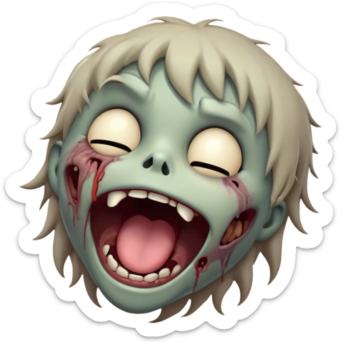 Cinematic Cute Yawning Zombie Portrait Emoji, with a delightfully quirky, slightly disheveled face in muted ashen tones, head tilted back in a big, funny yawn that reveals quirky stitches and playful gaps, simplified yet irresistibly charming, highly detailed with a soft, eerie glowing outline capturing the sleepy, offbeat vibe of a zombie taking a nap! sticker