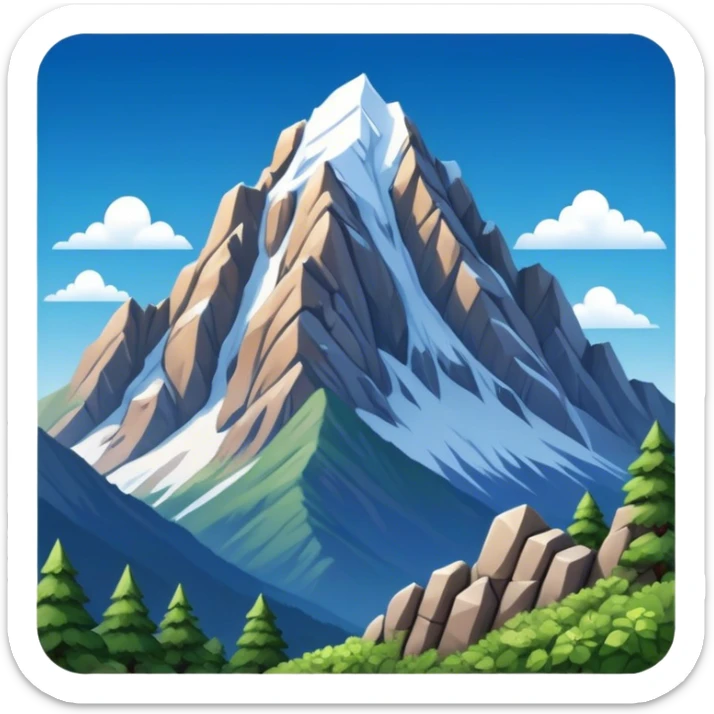 Cinematic Realistic Mountain Emoji, Majestic and towering, with craggy, snow-capped peaks rising sharply against a deep blue sky. The rugged terrain is dotted with rocky outcrops and patches of greenery, with clouds swirling around the higher reaches. Soft glowing outline, capturing the essence of ancient strength and natural beauty in a towering mountain! sticker