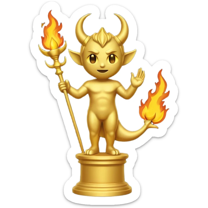 Minimalist emoji-style sticker of a full-body Oscar-like statue, completely gold, with small devil horns on the head and a pointed tail subtly wrapping around the leg. The statue stands on a dark pedestal surrounded by faint fire or smoke.  sticker