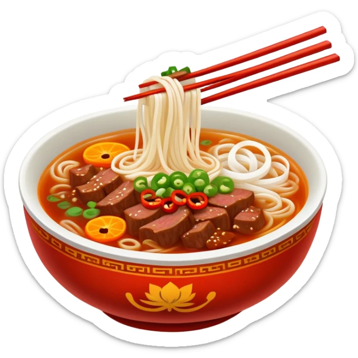Jiangxi Rice Noodles with spicy beef soup, simplified emoji style with bold outlines and bright colors, cartoon style southern Chinese Fen specialty sticker
