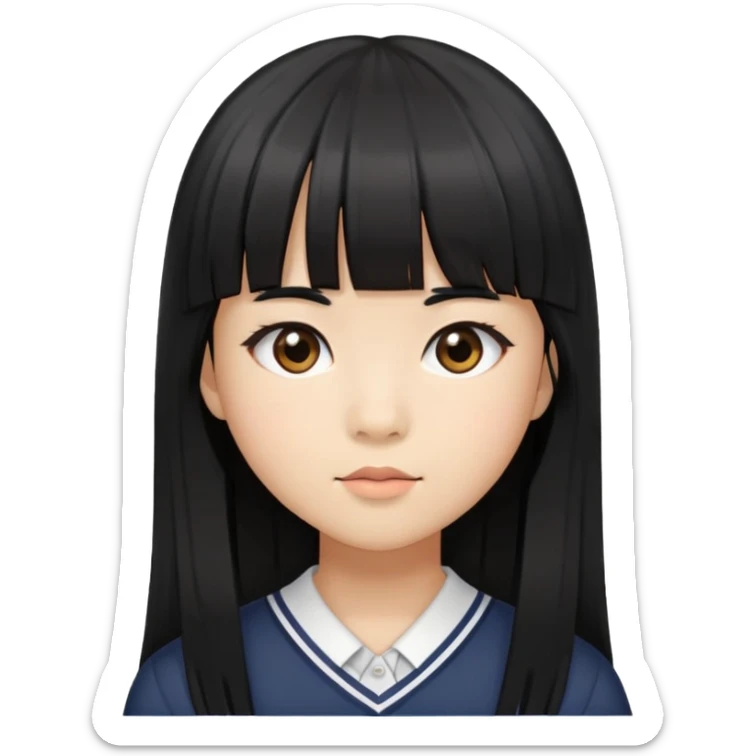 schoolgirl with Asian skin tone, long black hair, and straight cut bangs sticker
