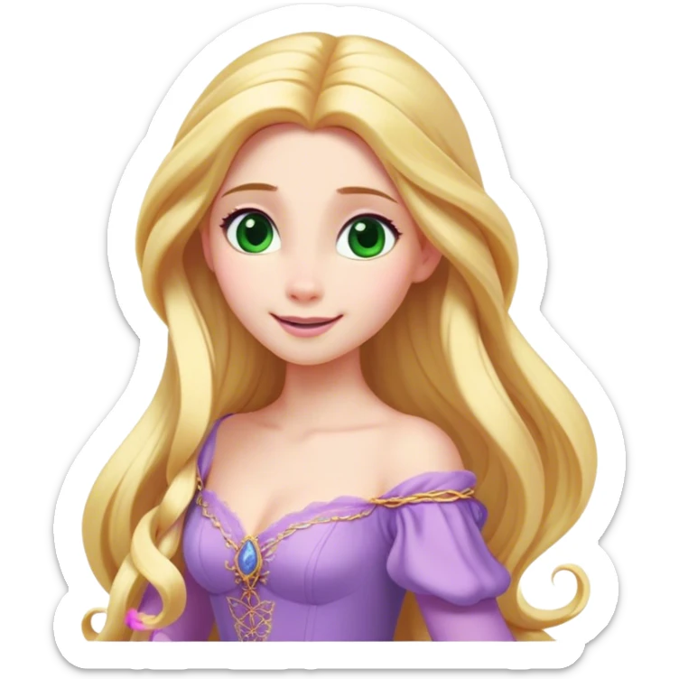 Cinematic Realistic Rapunzel Portrait, with porcelain-like skin featuring a subtle, natural glow, illuminated by soft lighting that brings out the gentle contours of her face. Her long, golden blonde hair cascades in detailed waves, each strand highlighted with a radiant shimmer as it catches the light. Her bright, expressive green eyes exude curiosity and warmth, framed by delicate lashes and soft, arched brows. Her expression is playful and vibrant, with a gentle smile. She is dressed in her classic lavender and pink gown, the fabric textured with delicate folds that flow naturally, catching the light with a soft, radiant glow. The portrait captures a luminous, enchanting aura, seamlessly blending realism with a whimsical, fairytale charm, evoking a timeless sense of beauty and magic. sticker