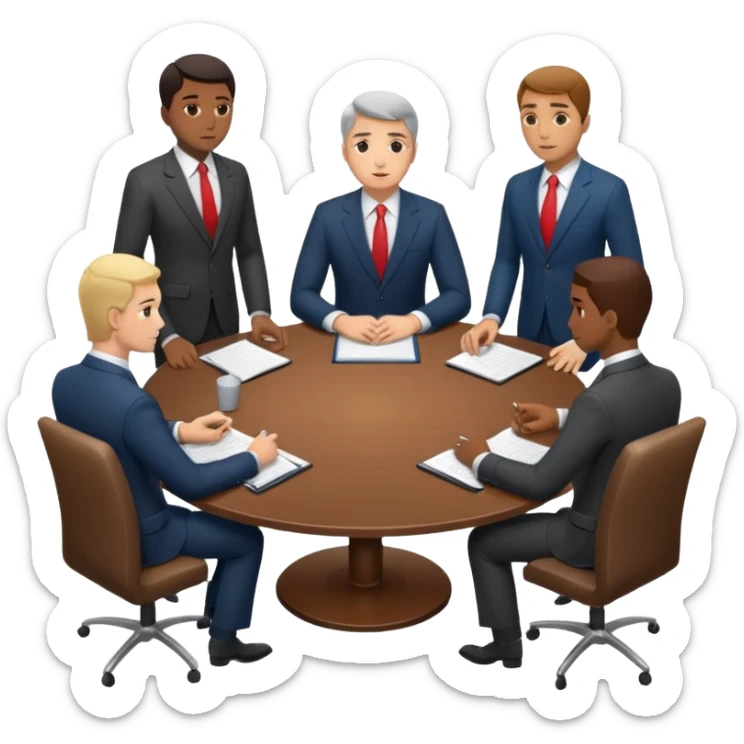 a business meeting of serious businessmen in suits at a round table sticker