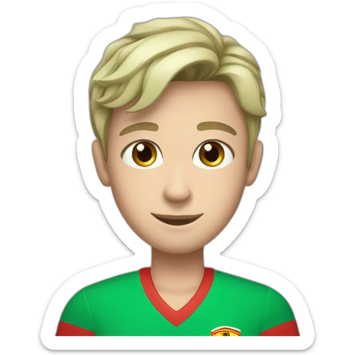 A smiling white teen with a long face in red Ferrari jersey with very short black hair and light green eyes and dig cheeks sticker