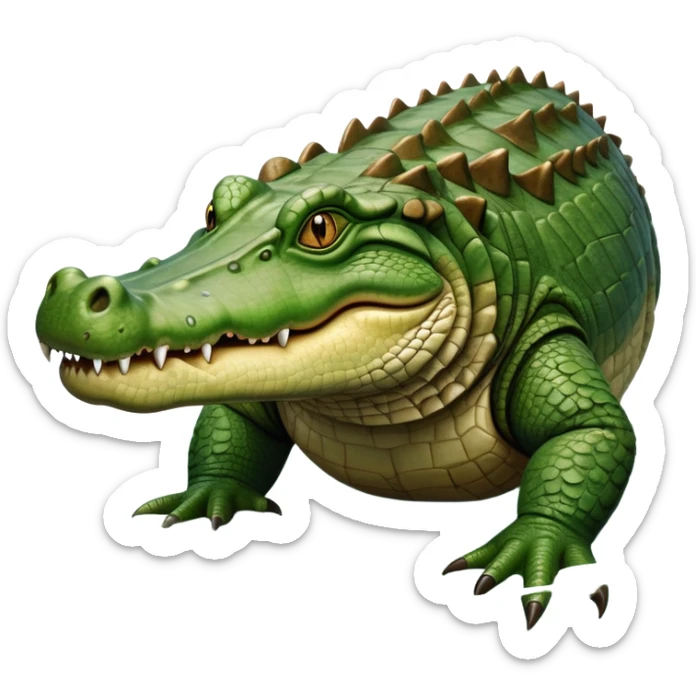 cinematic-crocodile-realistic-full-body-on all fours-emoji,-massive-scaled-body-partially-submerged-in-shallow-water,-head-tilted-dramatically,-rough-green-and-brown-hide-textured-with-deep-ridges,-simplified-yet-realistic-focused-features, head held high sticker