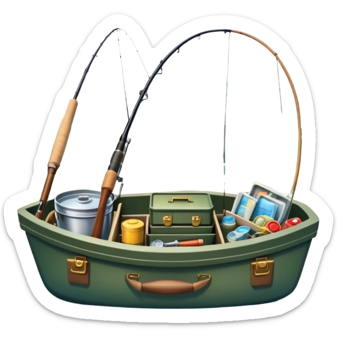 Icon for Fishing: a boat on the shore of a peaceful water body with a beautiful natural landscape, a fishing tackle box, a spinning rod. The icon should capture the tranquility and gear of a fishing adventure. Without frame. Transparent background. sticker