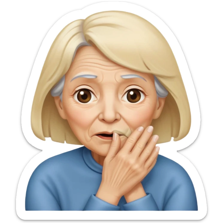 old woman with semi blond hair with hand that close mouth sticker