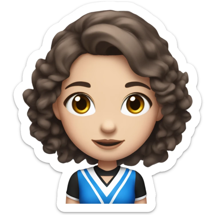 Girl with brown shoulder length hair and blue eyes in a red black and white cheer outfit with alpha written across the top  sticker