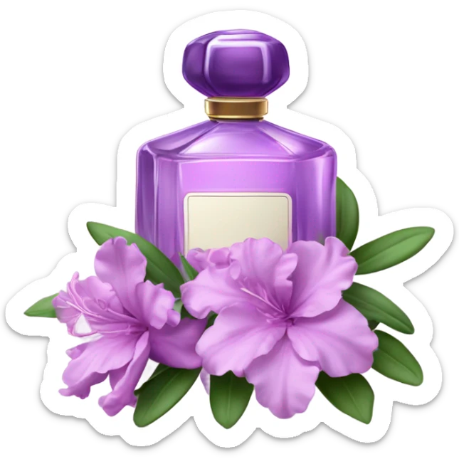 Aesthetic ensemble of soft purple azaleas alongside a charming vintage purple perfume bottle.
 sticker