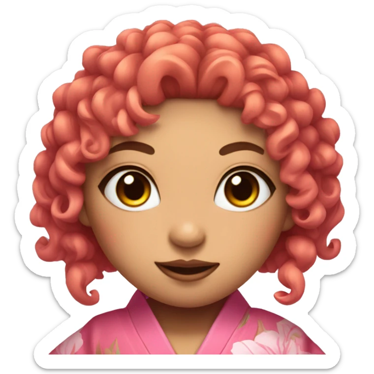 a demon girl with curly black orange hair and pink eyes with a pink kimono a bamboo in her mouth  sticker