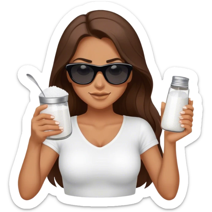 devious woman with long brown hair, tan skin, and dark sunglasses holding a salt shaker filled with white table salt. She is sprinkling the salt out from the shaker with a smirking expression, not smiling sticker